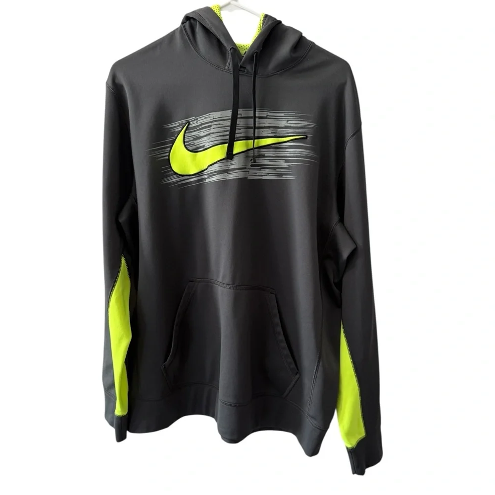 Nike Men’s Therma-Fit Hooded Fleece Sweatshirt Gray & Neon Green Accent, SZ L. - Picture 12 of 12